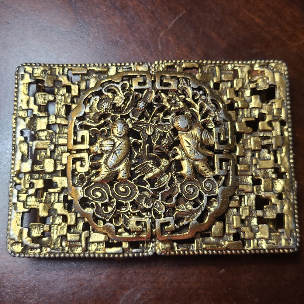Judith Leiber Gold Belt Buckle with Intricate Asian Design
